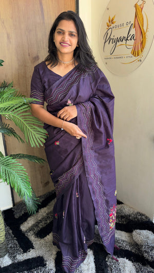 Premium Pure Tussar Silk Saree with Katha, Knot Work & Heavy Tassels — HOP194