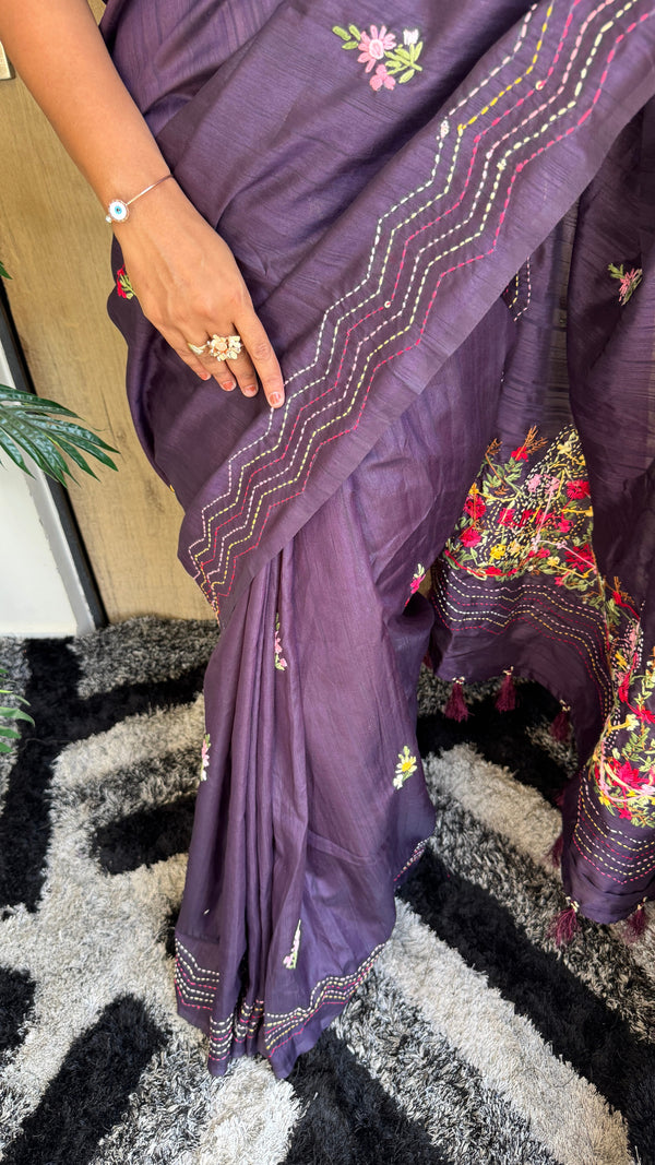 Premium Pure Tussar Silk Saree with Katha, Knot Work & Heavy Tassels — HOP194