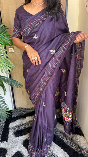 Premium Pure Tussar Silk Saree with Katha, Knot Work & Heavy Tassels — HOP194
