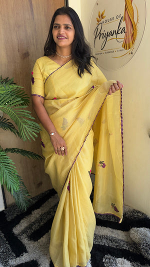 Festive Wear Pure Kota Chex Saree with Bengali Butti Work in Yellow — HOP196