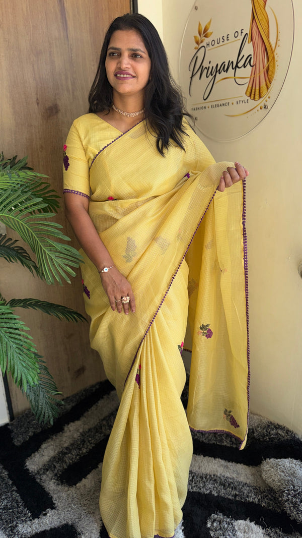 Festive Wear Pure Kota Chex Saree with Bengali Butti Work in Yellow — HOP196