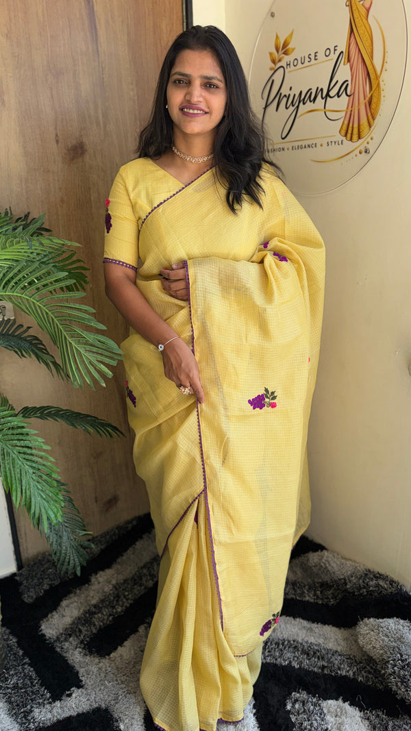Festive Wear Pure Kota Chex Saree with Bengali Butti Work in Yellow — HOP196