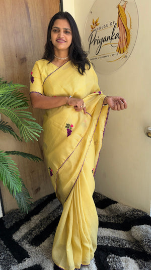 Festive Wear Pure Kota Chex Saree with Bengali Butti Work in Yellow — HOP196