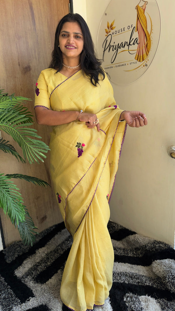 Festive Wear Pure Kota Chex Saree with Bengali Butti Work in Yellow — HOP196
