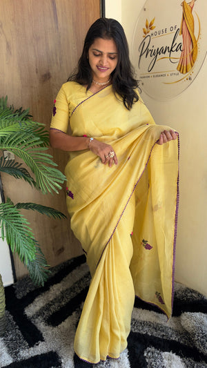 Festive Wear Pure Kota Chex Saree with Bengali Butti Work in Yellow — HOP196