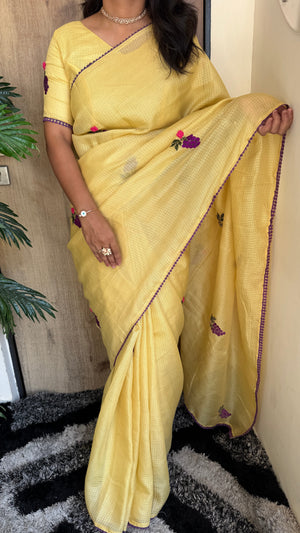 Festive Wear Pure Kota Chex Saree with Bengali Butti Work in Yellow — HOP196