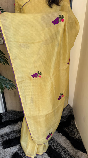 Festive Wear Pure Kota Chex Saree with Bengali Butti Work in Yellow — HOP196
