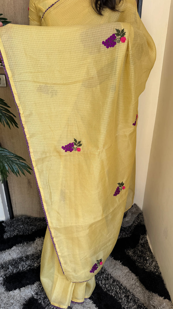 Festive Wear Pure Kota Chex Saree with Bengali Butti Work in Yellow — HOP196