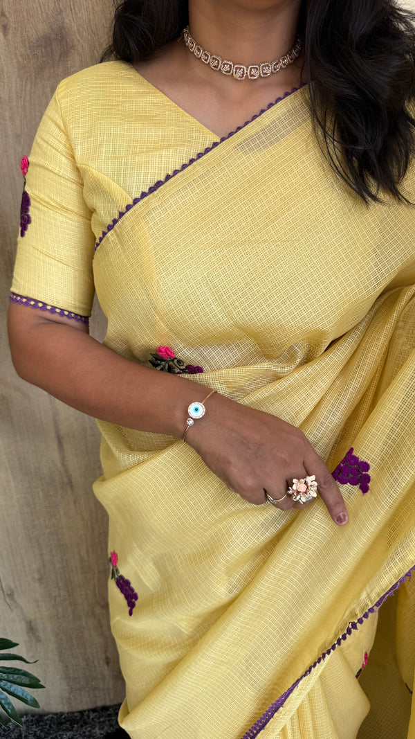 Festive Wear Pure Kota Chex Saree with Bengali Butti Work in Yellow — HOP196