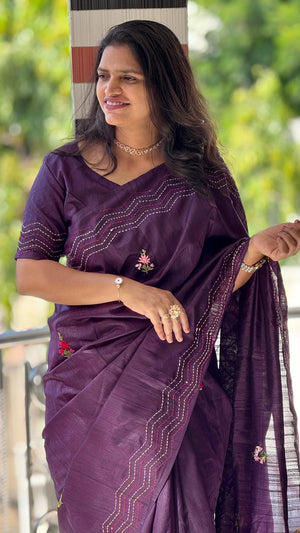 Premium Pure Tussar Silk Saree with Katha, Knot Work & Heavy Tassels — HOP194