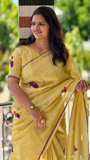 Festive Wear Pure Kota Chex Saree with Bengali Butti Work in Yellow — HOP196