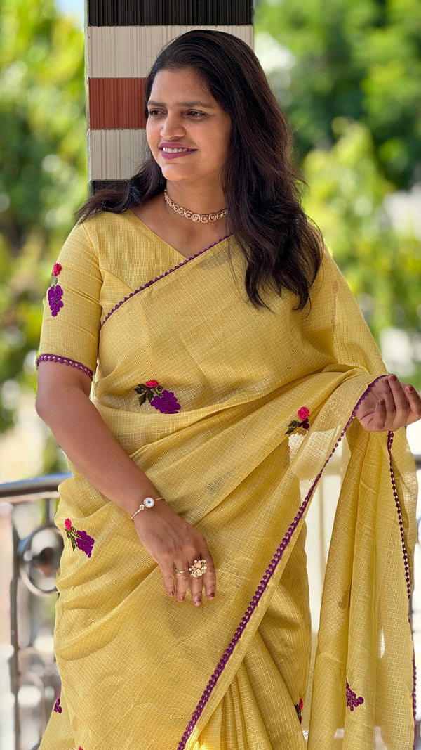 Festive Wear Pure Kota Chex Saree with Bengali Butti Work in Yellow — HOP196