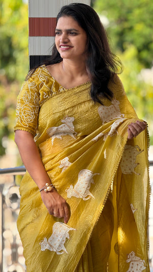 Party Wear Paper Silk Crush Saree with Embroidery Work Blouse — HOP191