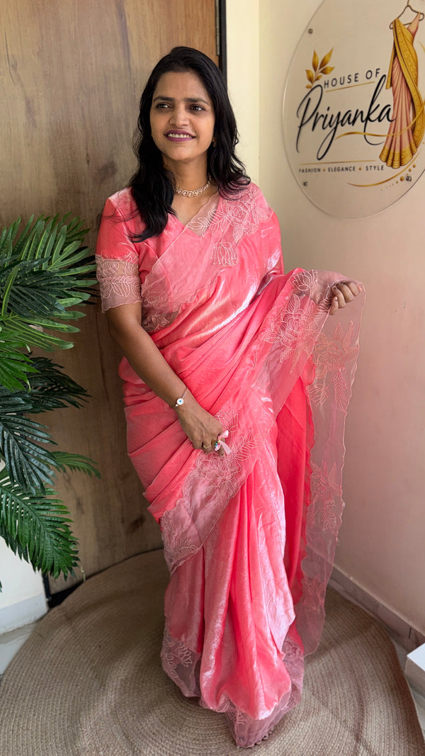 Party Wear Fendy Satin Saree with Embroidered Sleeves Running Blouse — HOP199