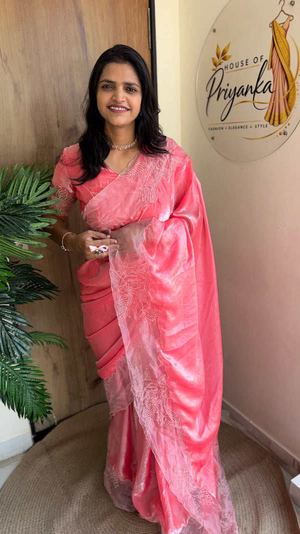 Party Wear Fendy Satin Saree with Embroidered Sleeves Running Blouse — HOP199