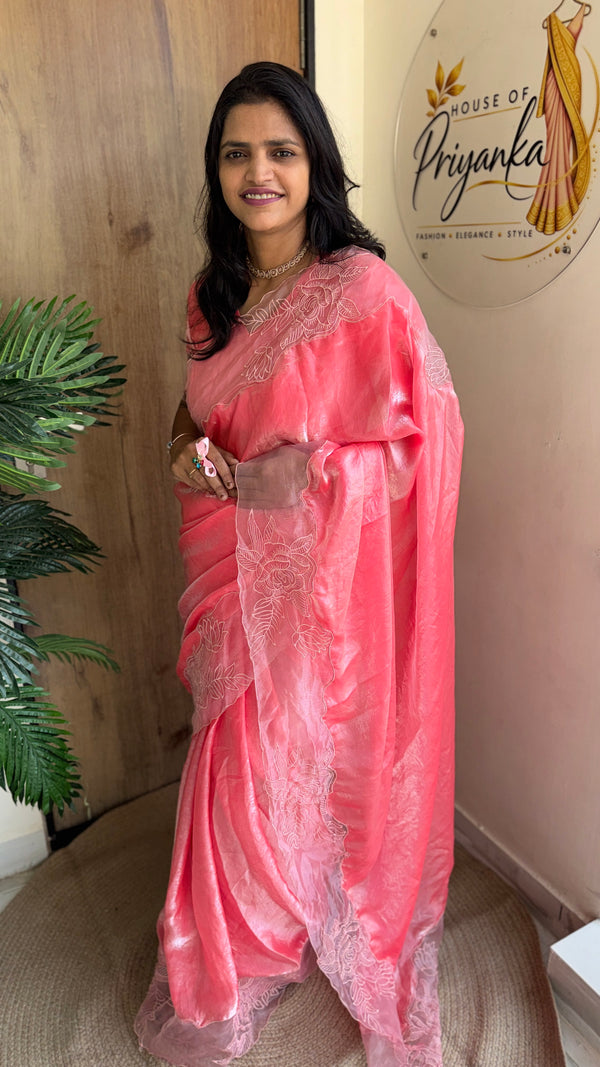 Party Wear Fendy Satin Saree with Embroidered Sleeves Running Blouse — HOP199