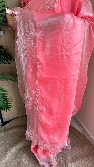 Party Wear Fendy Satin Saree with Embroidered Sleeves Running Blouse — HOP199