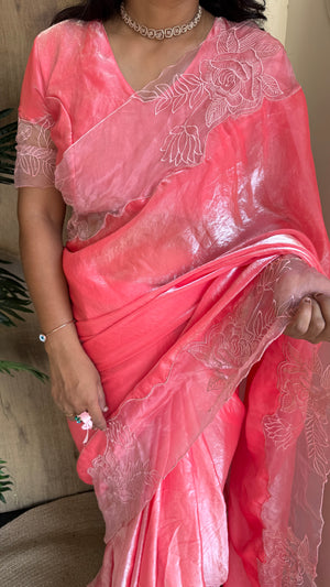 Party Wear Fendy Satin Saree with Embroidered Sleeves Running Blouse — HOP199