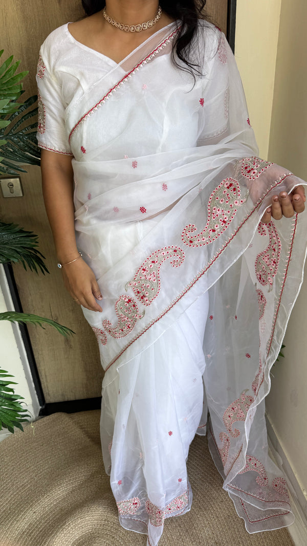 Festive Wear Tabby Organza Saree with Embroidered Sleeves Running Blouse — HOP198