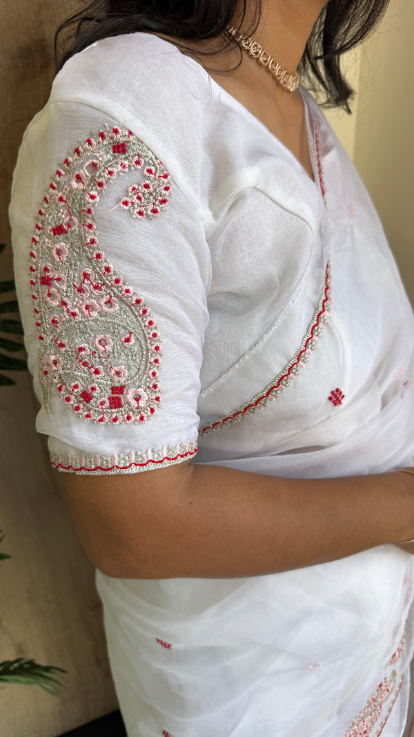 Festive Wear Tabby Organza Saree with Embroidered Sleeves Running Blouse — HOP198