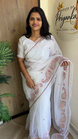 Festive Wear Tabby Organza Saree with Embroidered Sleeves Running Blouse — HOP198
