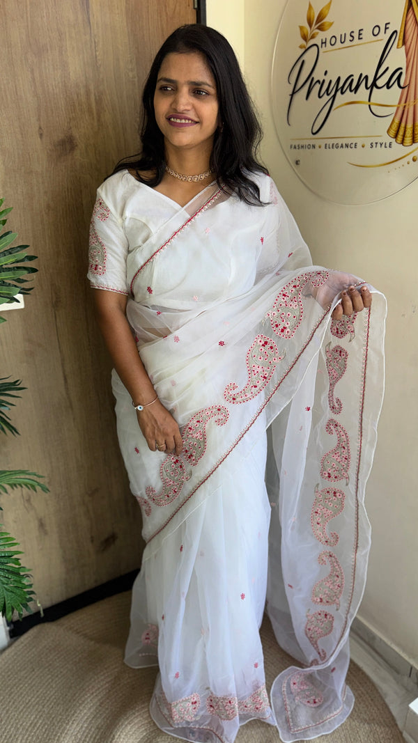 Festive Wear Tabby Organza Saree with Embroidered Sleeves Running Blouse — HOP198