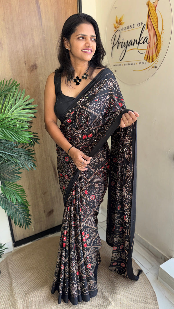 Festive Wear Silk Saree with Bandhani Print & Mirror Work With Blouse Piece — HOP200