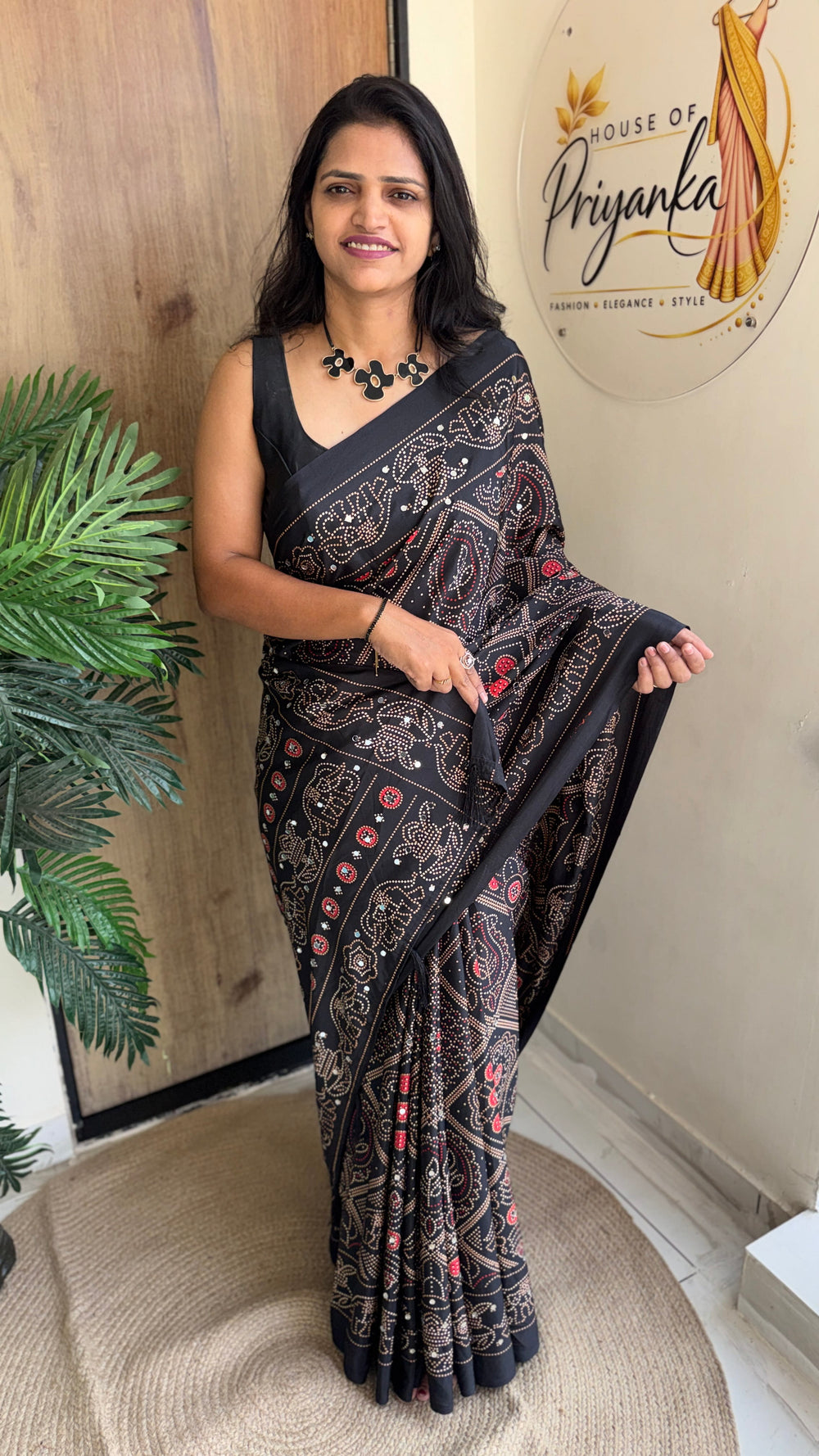 Festive Wear Silk Saree with Bandhani Print & Mirror Work With Blouse Piece — HOP200