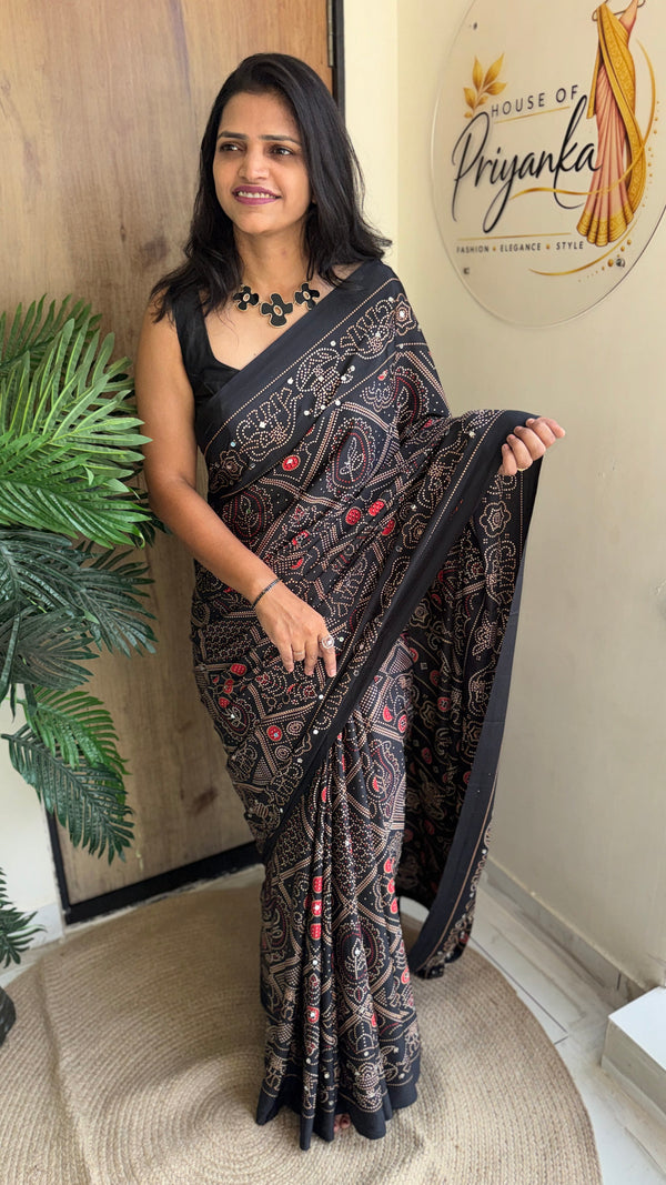 Festive Wear Silk Saree with Bandhani Print & Mirror Work With Blouse Piece — HOP200