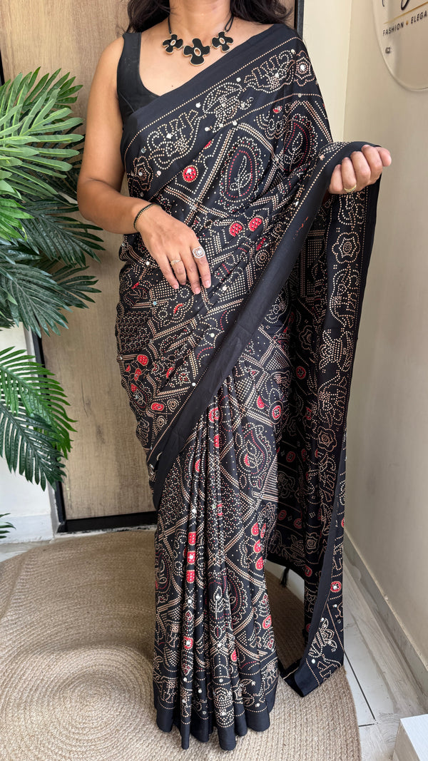 Festive Wear Silk Saree with Bandhani Print & Mirror Work With Blouse Piece — HOP200