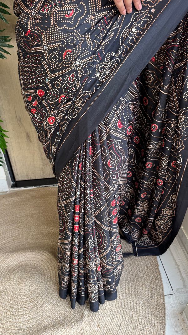 Festive Wear Silk Saree with Bandhani Print & Mirror Work With Blouse Piece — HOP200