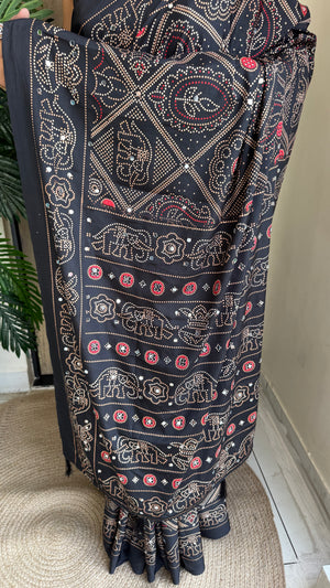 Festive Wear Silk Saree with Bandhani Print & Mirror Work With Blouse Piece — HOP200