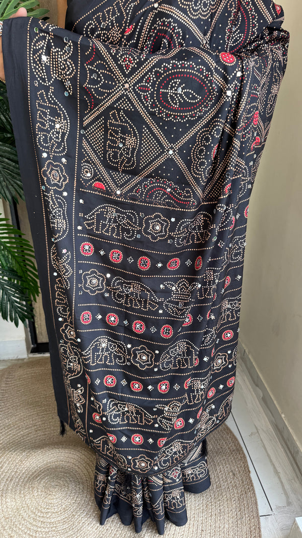 Festive Wear Silk Saree with Bandhani Print & Mirror Work With Blouse Piece — HOP200