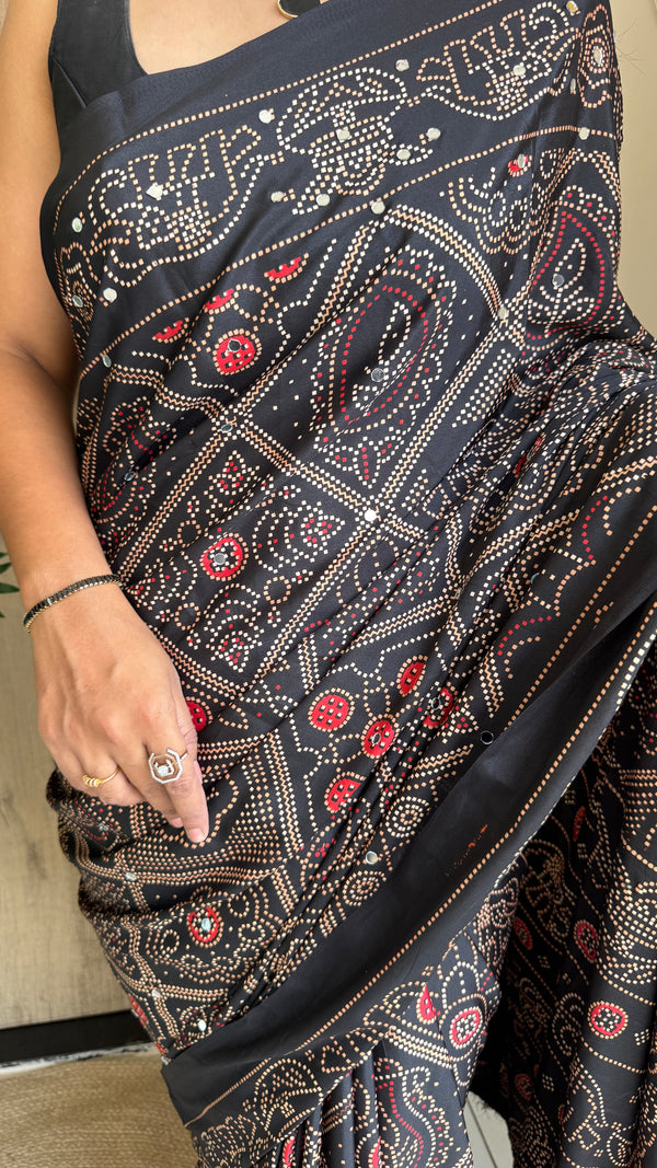 Festive Wear Silk Saree with Bandhani Print & Mirror Work With Blouse Piece — HOP200