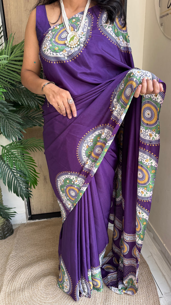 Festive Wear  Satin Silk Saree with Print Design, Mirror Work & Rich Pallu With Blouse Piece — HOP201