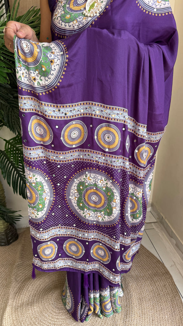 Festive Wear  Satin Silk Saree with Print Design, Mirror Work & Rich Pallu With Blouse Piece — HOP201