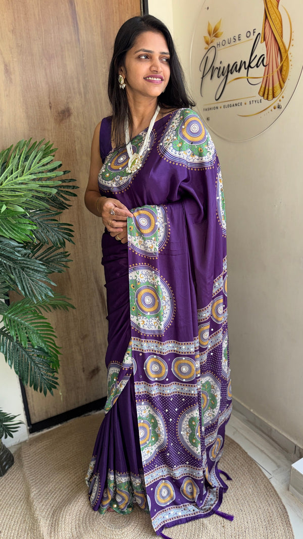 Festive Wear  Satin Silk Saree with Print Design, Mirror Work & Rich Pallu With Blouse Piece — HOP201