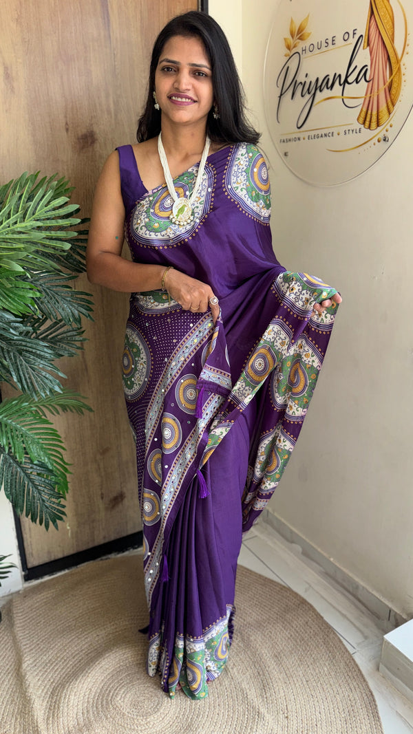 Festive Wear  Satin Silk Saree with Print Design, Mirror Work & Rich Pallu With Blouse Piece — HOP201