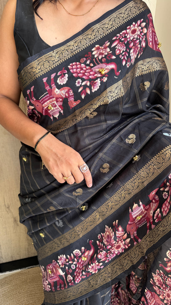 Festive Wear Cotton Silk Print Design Jacquard Border Ghungroo Work Fancy Saree With Blouse Piece — HOP202