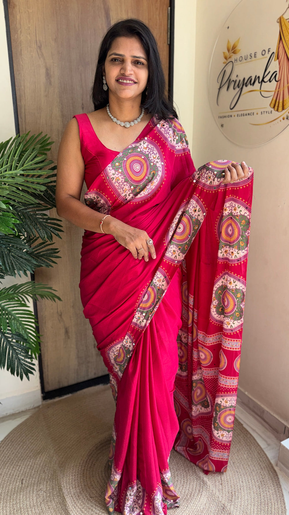 Festive Wear  Satin Silk Saree with Print Design, Mirror Work & Rich Pallu With Blouse Piece — HOP203