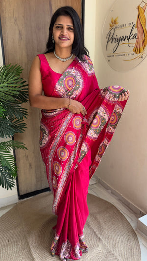 Festive Wear  Satin Silk Saree with Print Design, Mirror Work & Rich Pallu With Blouse Piece — HOP203