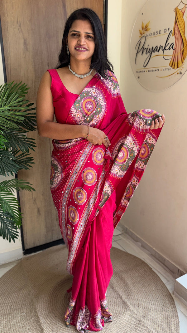 Festive Wear  Satin Silk Saree with Print Design, Mirror Work & Rich Pallu With Blouse Piece — HOP203