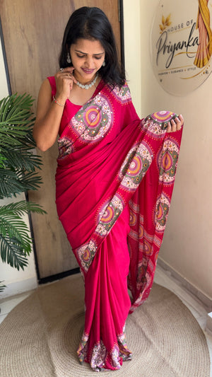 Festive Wear  Satin Silk Saree with Print Design, Mirror Work & Rich Pallu With Blouse Piece — HOP203
