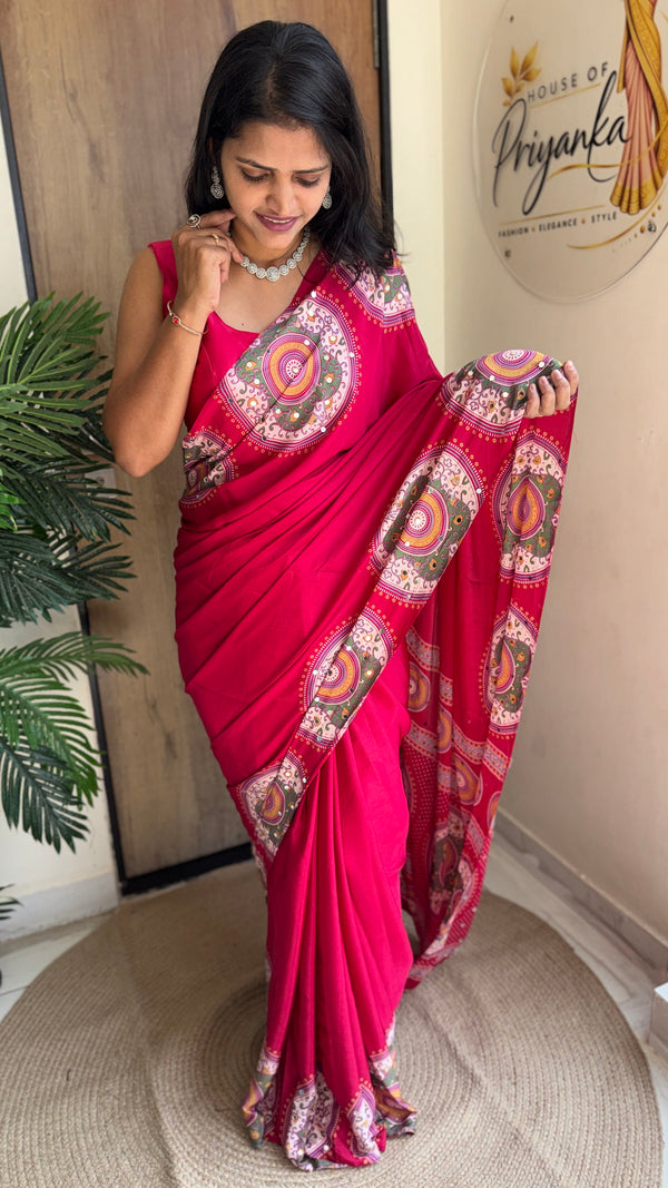 Festive Wear  Satin Silk Saree with Print Design, Mirror Work & Rich Pallu With Blouse Piece — HOP203