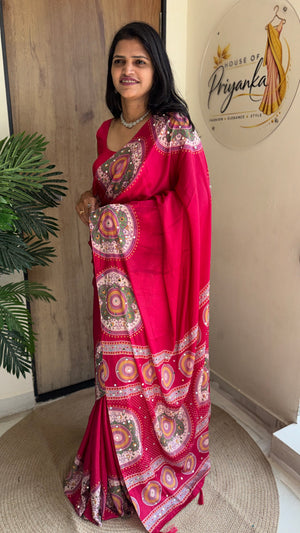 Festive Wear  Satin Silk Saree with Print Design, Mirror Work & Rich Pallu With Blouse Piece — HOP203