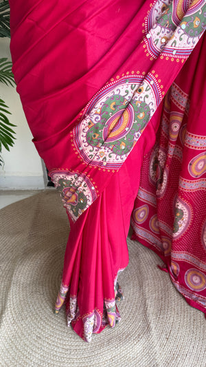 Festive Wear  Satin Silk Saree with Print Design, Mirror Work & Rich Pallu With Blouse Piece — HOP203