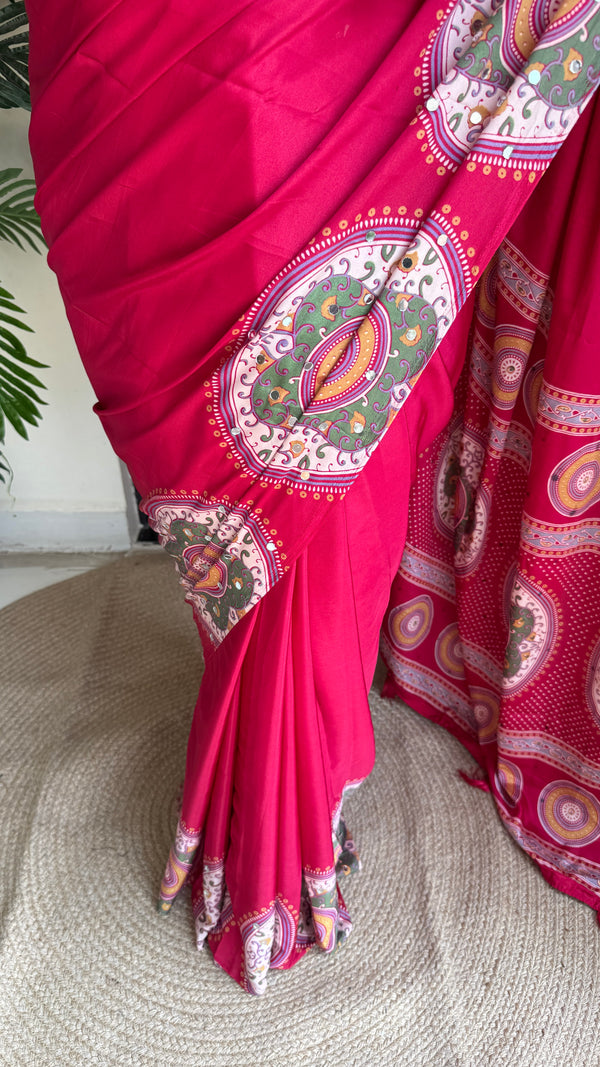 Festive Wear  Satin Silk Saree with Print Design, Mirror Work & Rich Pallu With Blouse Piece — HOP203