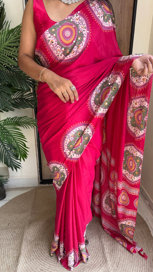 Festive Wear  Satin Silk Saree with Print Design, Mirror Work & Rich Pallu With Blouse Piece — HOP203