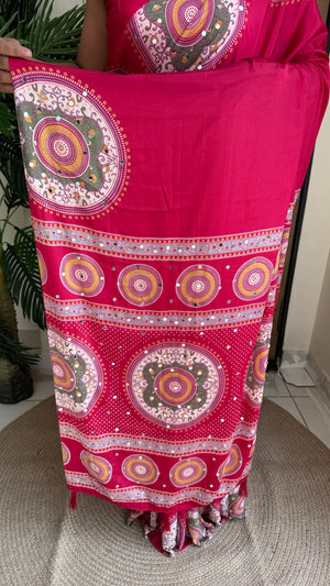 Festive Wear  Satin Silk Saree with Print Design, Mirror Work & Rich Pallu With Blouse Piece — HOP203