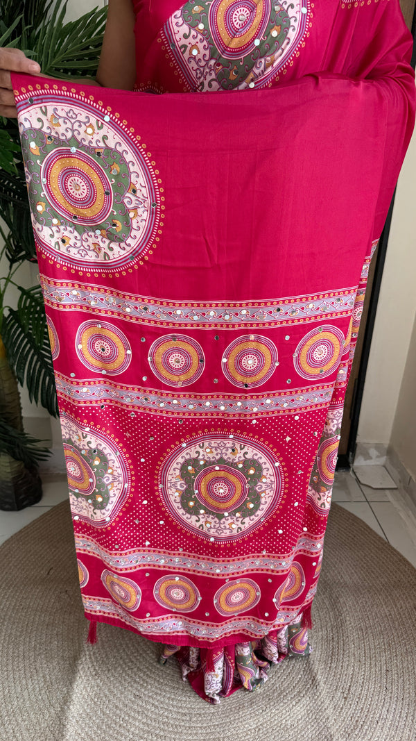 Festive Wear  Satin Silk Saree with Print Design, Mirror Work & Rich Pallu With Blouse Piece — HOP203